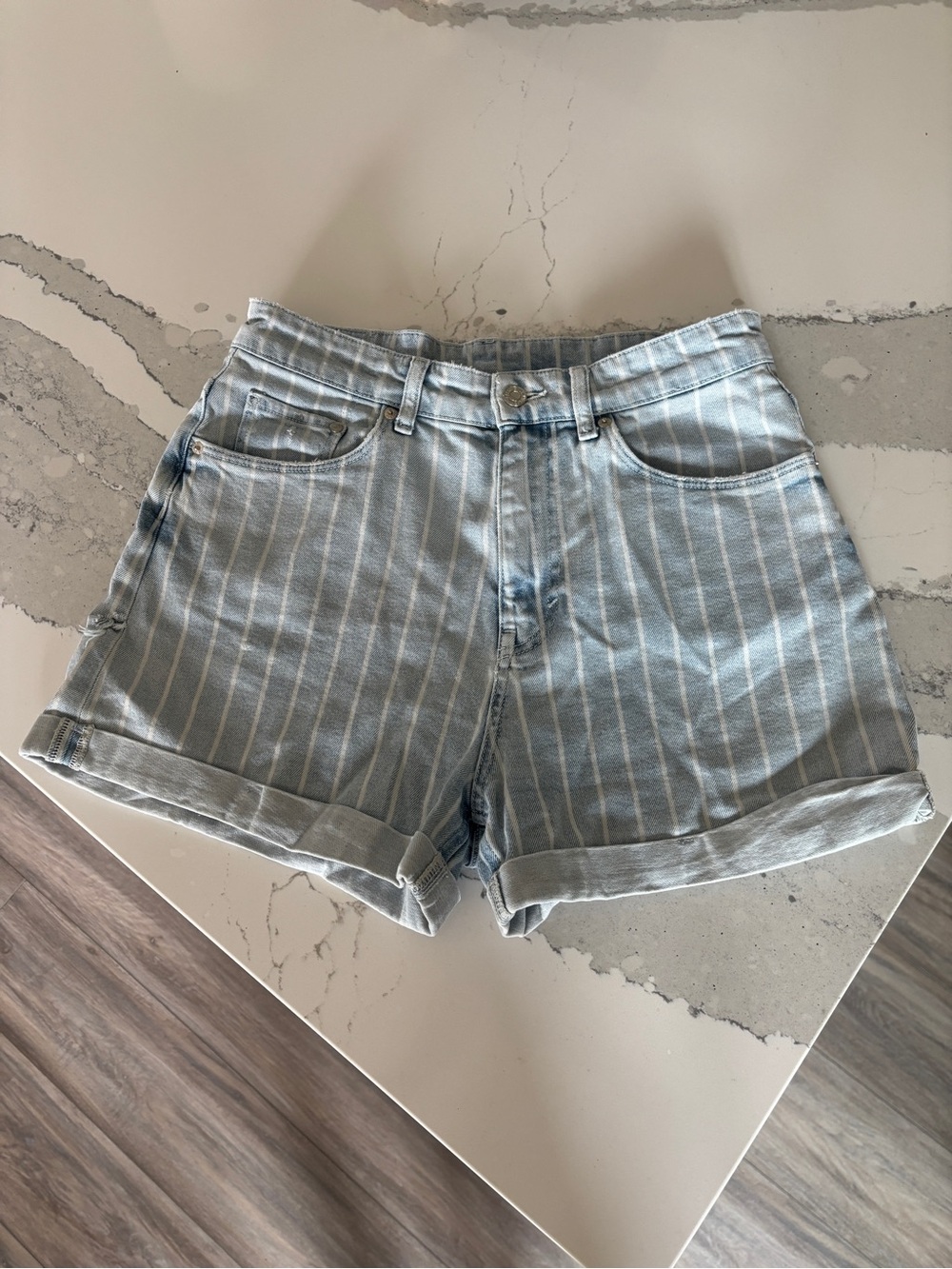Striped Light Blue Women's Denim Shorts - Picture 2 of 10